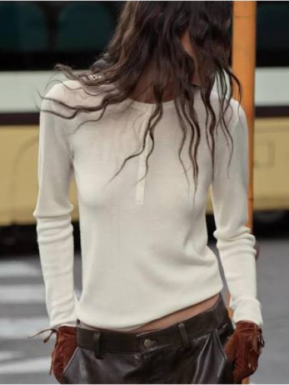 Zara knit ivory sweater light Women's Cream Long Sleeve Henley Knit Top shirt
